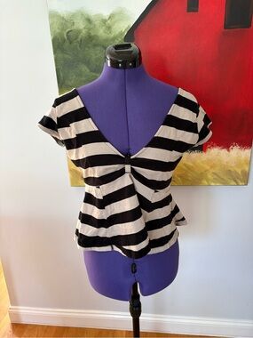 Women’s Free People Trendy Striped Black/Cream V-Neck Peplum Top with Open Back
